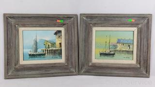 2 Original L. Wood Harbour Canvas Oil Paintings 