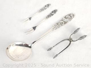 Mylius Brodrene Norway 830 Silver Serving Spoon, Pickle Tongs & Forks