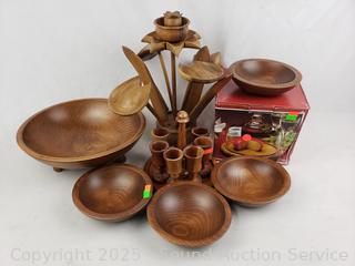Teak Wood Floral Arrangement, Cheese Server, Bowls, Cordials 