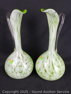 2 Large Green Art Glass Pitchers