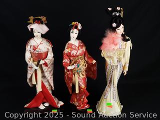 3 Handcrafted Painted Geisha Dolls