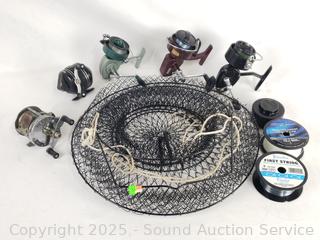 Assorted Fishing Reels, Line & Fishing Trap