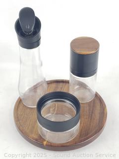 Cruet, Pepper Mill, Jar, Wood Tray