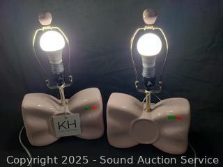 2 Pink Bowtie Ceramic 16" Table Lamps