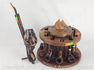 7 Briar Wood Pipes w/Stand & Carved Wood Pipe 