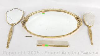 5pc Golden Vanity Hairbrush, Mirror, Comb, Mirrored Tray, Hair Pin