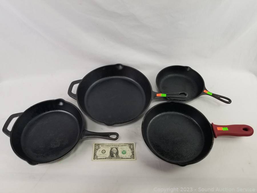 Sound Auction Service - Auction: 06/19/23 SAS Shaw, Ziemba Online Auction  ITEM: 4 Cuisinel Cast Iron Skillets & Burner Stand