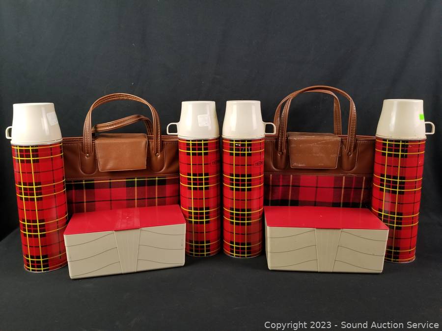 VINTAGE THERMOS PICNIC SET SANDWICH BOX 2 THERMOS RED PLAID BAG