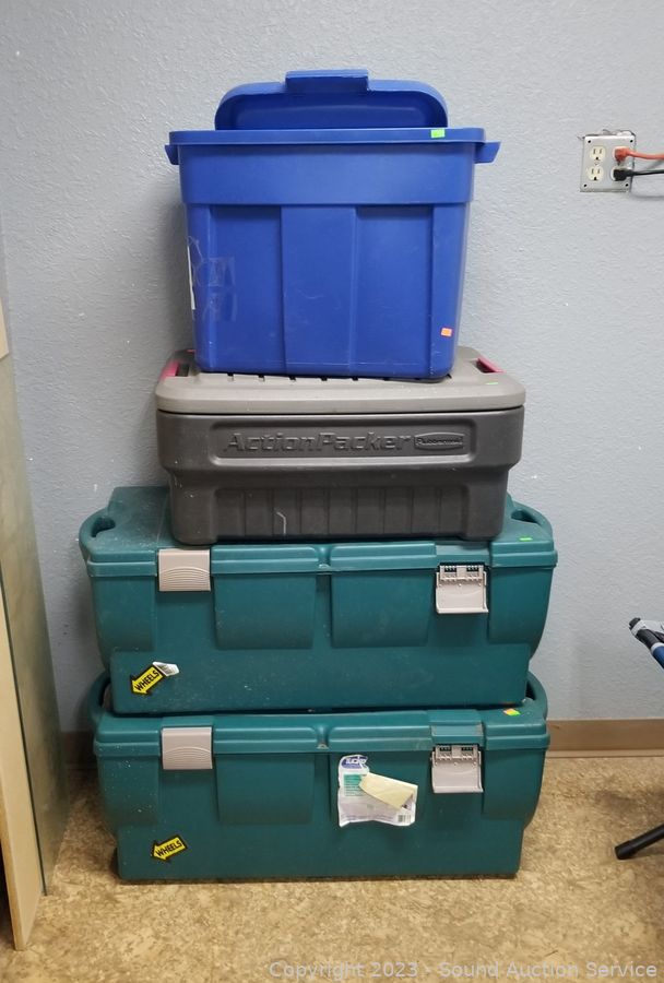 Sold at Auction: (4) Rubbermaid Action Packer Storage Bins