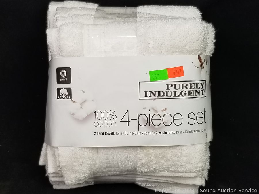 Sound Auction Service - Auction: 10/21/23 SAS Spencer, Padgett Online  Auction ITEM: Purely Indulgent 4pc White Cotton Washcloth & Hand Towel Set
