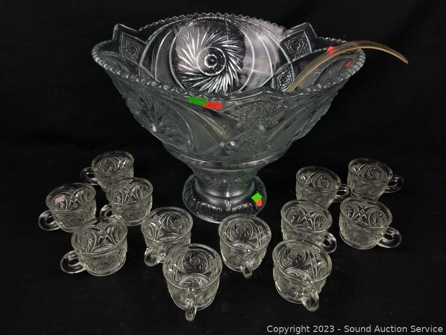 Large Glass Punch Bowl with Ladle and 12 Cups