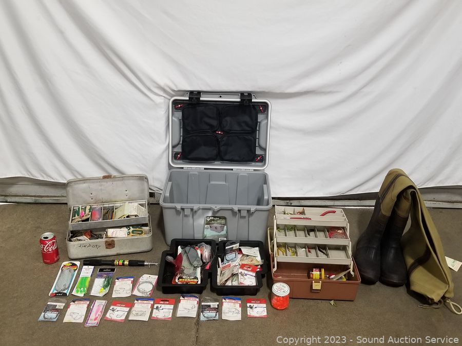 Sound Auction Service - Auction: 12/06/23 SAS Springer, Swadener Online  Auction ITEM: 3 Fishing Tackle Boxes Full of Tackle & Waders