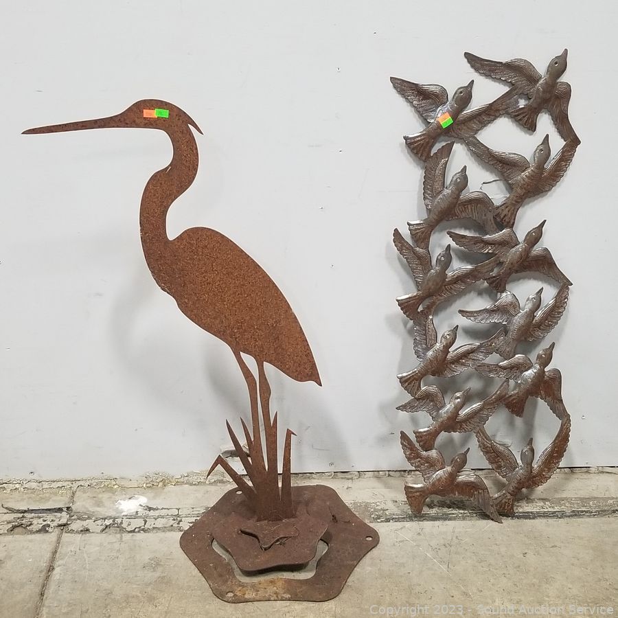 Carved Wood And Metal White Egret Bird Statue 15 Inches High