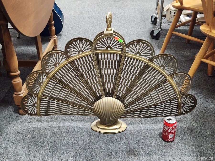 Vintage Brass Clam Shell Peacock Folding Fan Fireplace Screen Art