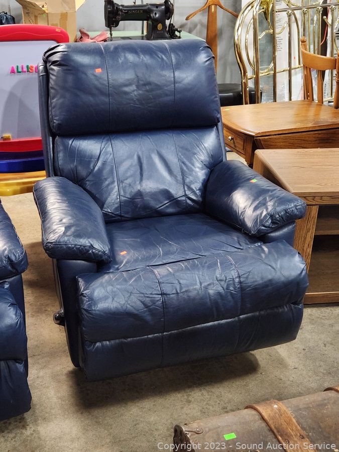 Sound Auction Service - Auction: 01/08/24 SAS Shade, Chamberlain Online  Auction ITEM: Action Industries Blue Leather Swivel Recliner