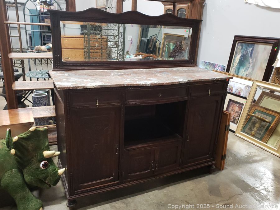 Antique Oak Marble Top Buffet w/Mirror