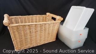 Woven Basket & 10 Small Storage Totes w/Lids