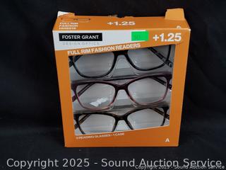 3 Foster Grant Full Rim Fashion +1.25 Reading Glasses w/1 Case