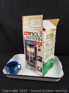 1983 Coleman Dual Mantle Lantern, Enamelware Cup & Baking Pan