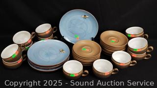Denby England Pottery Teacups & Saucer Set & Pottery Barn Bee Plates