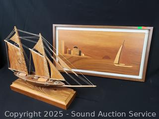 Wood Model Ship & Ship Inlaid Wood Artwork