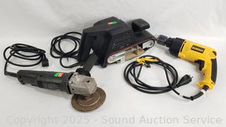 B&D 3x21" Belt Sander, Craftsman 4.5" Angle Grinder, DeWalt 1/2" VSR Drill