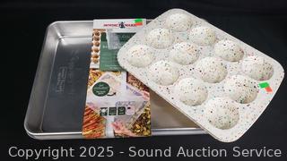 2 Nordic Ware Aluminum Baking Pans w/Lid & 2 Silicone Confetti Muffin Pans