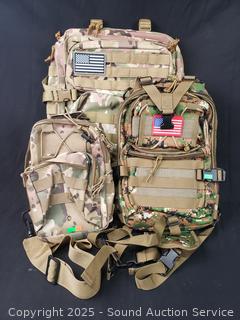 2 Green Camo Shoulder Packs & 1 Backpack