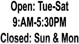 Open: Tues. - Sat. 9:AM - 5:30PM. Closed Sun & Mon