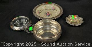 2 Solid Sterling Dish & Sterling Rimmed Glass & Porcelain Dishes
