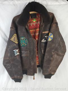 Vintage Avirex US Navy Aeronautics Leather Bomber Jacket w/Patches S:S