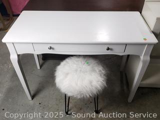 White Finish Single Drawer Desk w/Wrought Faux Fur Stool