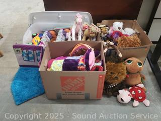 2 Boxes & 1 Tote Full of Plush Dolls, Toys