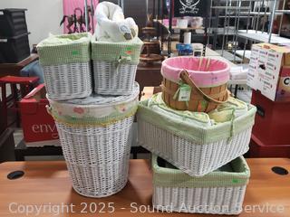 Assorted White Wicker Lined Baskets w/Child's Spring Linens, Decor