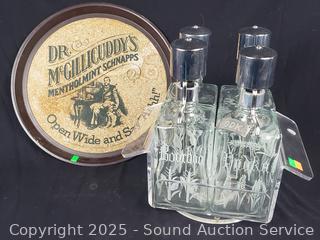 4 Clear Glass Labeled Pump Liquor Bottles w/Carousel & Tray