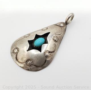Signed Val Tsosie Navajo Sterling & Turquoise Teardrop Pendant