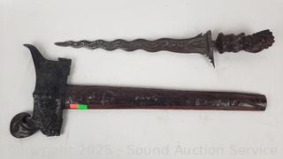 Indonesian? Carved Wood Handle & Scabbard Serpent Edge Sword