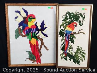 Pair of Embroidered Parrot Artwork