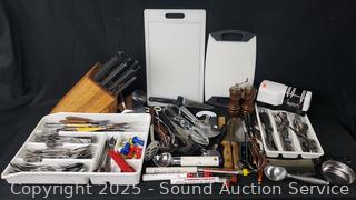 Assorted Kitchen Cutlery, Utensils, Cutting Boards, Knife Sharpener