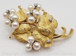 18K Gold Italian Diamond & Pearl Grape Bushel Brooch