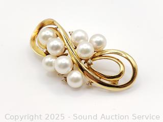 18K Gold Diamond & Pearl Infinity Brooch