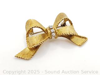 Italian 18K Gold & Diamond Bow Brooch