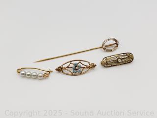 3 Vintage 14K Gold & Pearl Pins & Hat Pin
