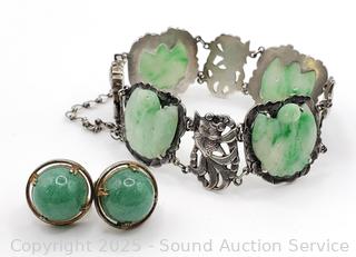 Vintage Sterling Silver & Jade Bracelet & Screwback Earrings