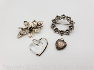 2 Vintage Sterling Brooches & 2 Heart Pendants