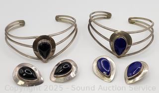 Sterling Onyx & Lapis Cuff Bracelet & Earrings Sets