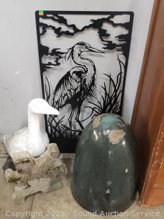 Concrete Dome & Figure, Metal Art Heron Silhouette, Plastic Goose