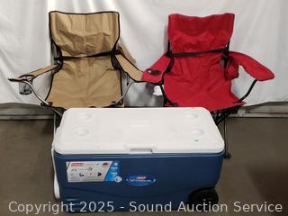 Coleman 100qt Cooler & 2 Folding Camp Chairs