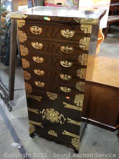 Beautiful Asian 5-Drawer Brass Clad Oak Chest w/Lock