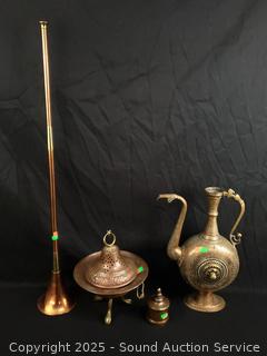 Vintage Middle Eastern Copper Teapot, Horn, Incense, Oil Lamp
